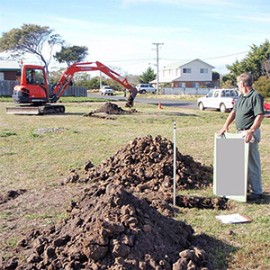 Excavator test pits are best for soil testing for houses. This picture taken in southern Tasmania.