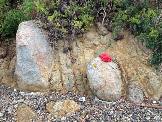 Exposures of dolerite on the foreshore below Sandy Bay Road showing spheroidal weathering