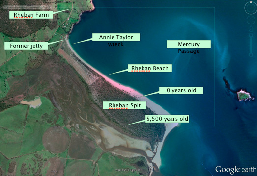 Rheban Spit, Tasmania and the location of the former jetty and the Annie Taylor shipwreck