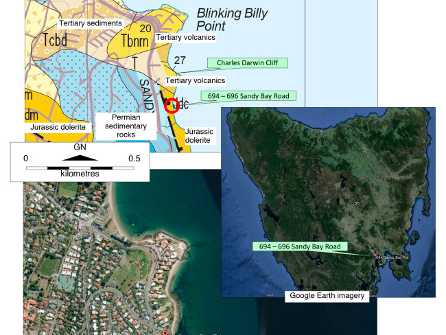 Geological map and aerial photograph of Charles Darwin Cliffs and surrounds Sandy Bay, Tasmania